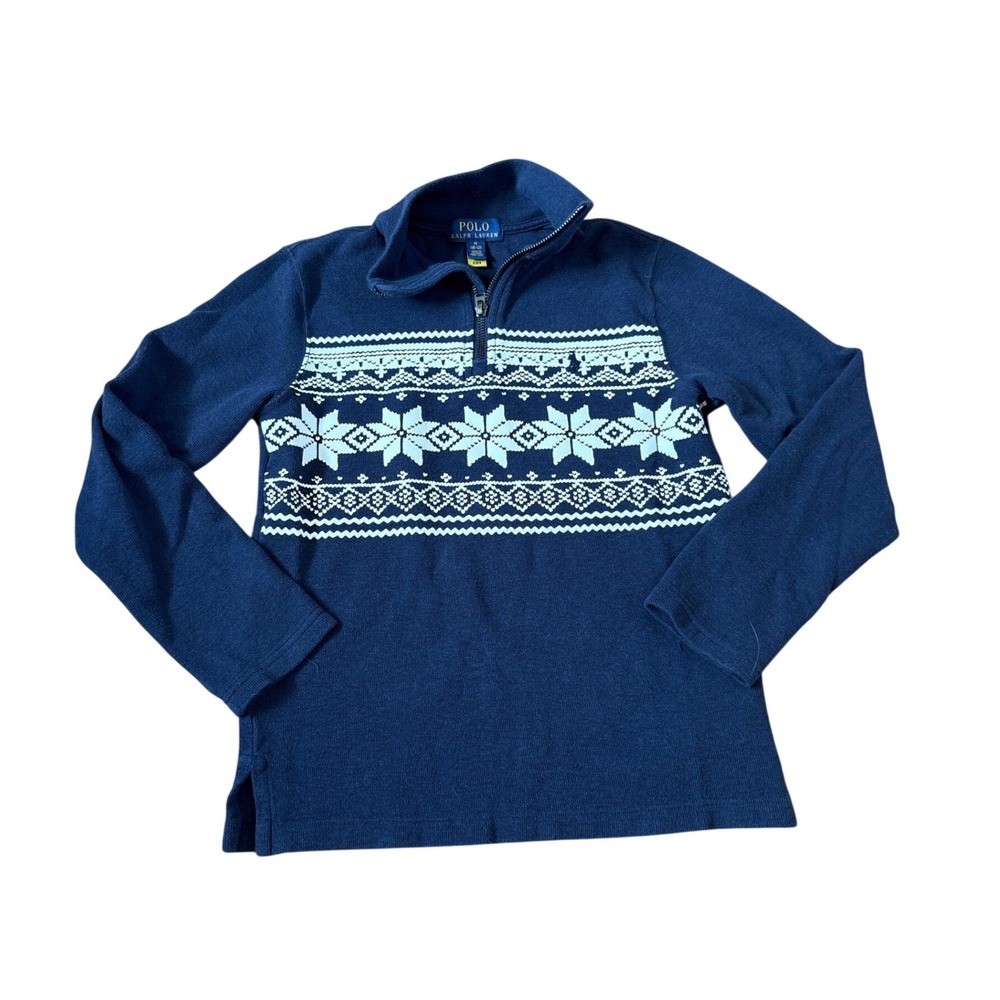 Polo Ralph Lauren Quarter Zip Kids Navy Blue Fair Isle Snowflake SIZE‎ M 10-12